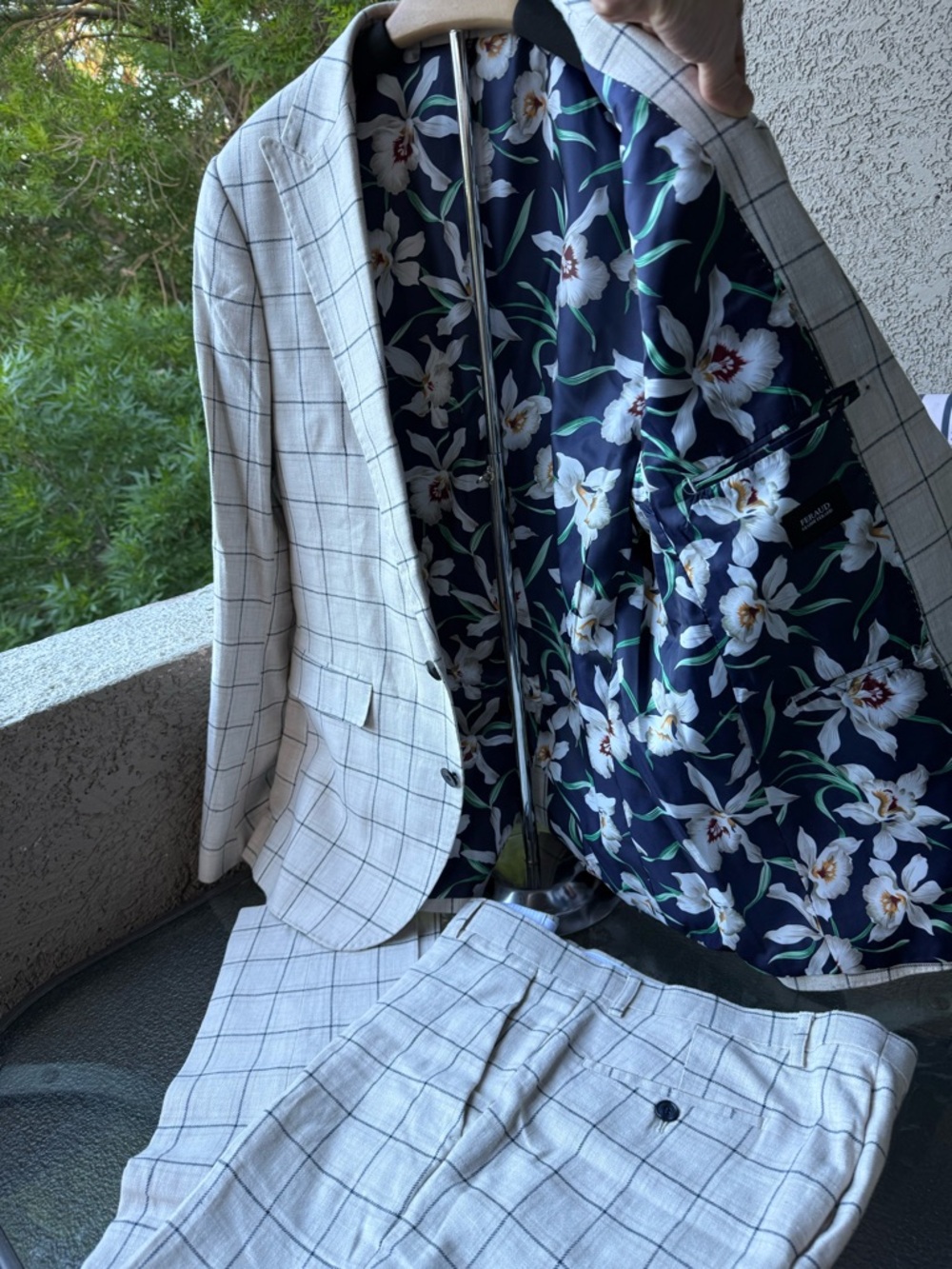 Men's Windowpane Two-Piece Suit - beige-blue lines size skinny 42 - Picture 5 of 16